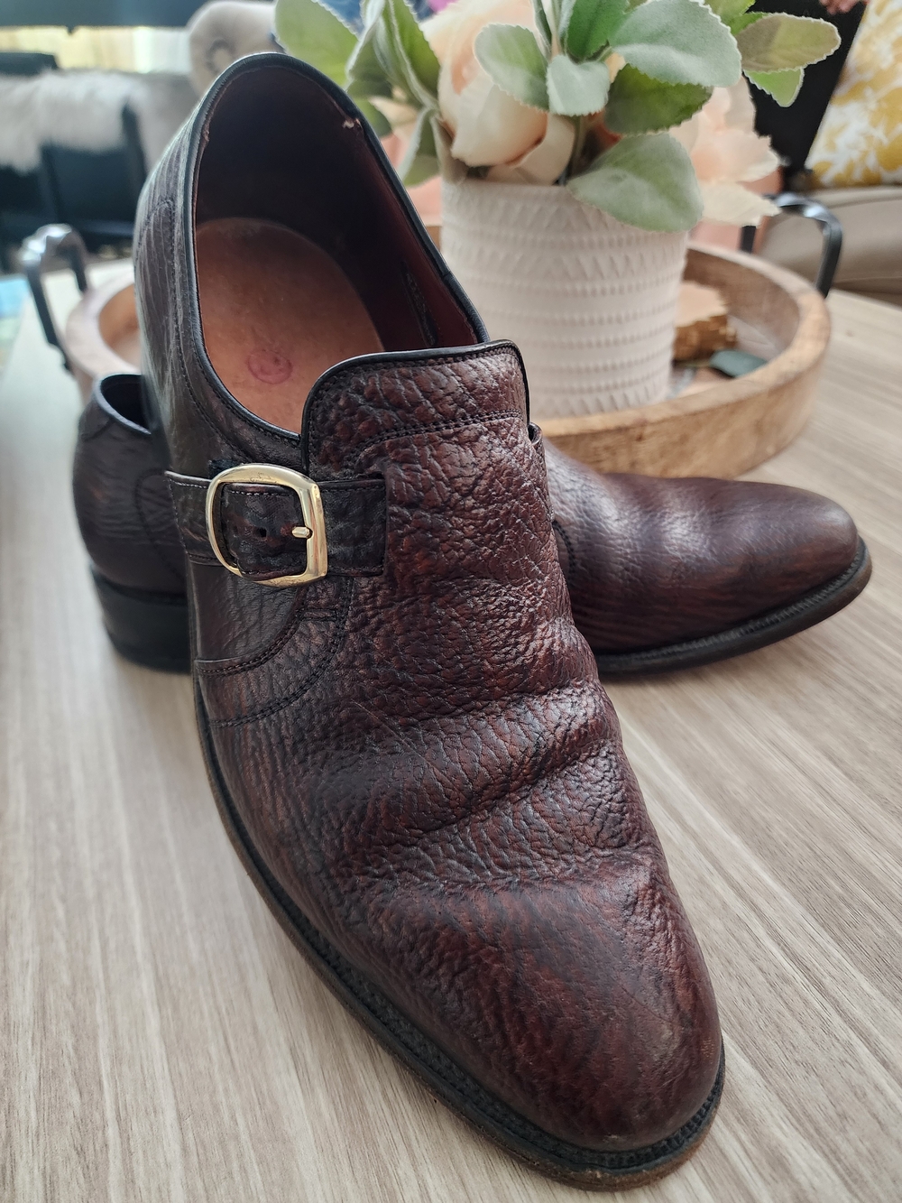 Vintage Allen Edmonds Warton Sharkskin Monk Strap Shoes Brown 8.5 E Wide 5579